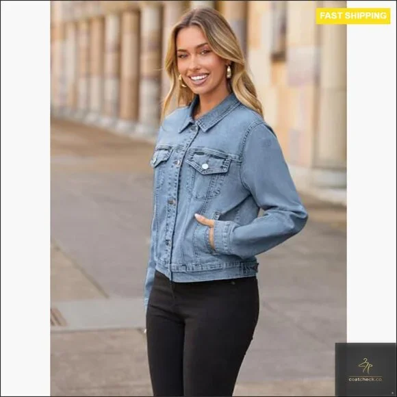 Fitted Denim Jacket with Pockets, Long Sleeve Western Style Coat - Picture 4 of 7